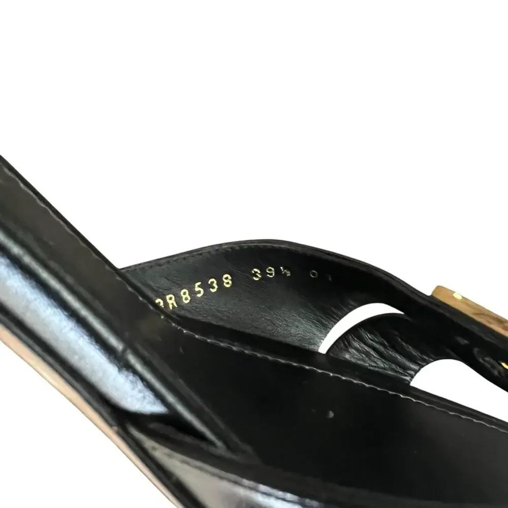 Fendi Women’s Ffold Square Toe Black Leather Gold Hardware Kitten Heel Sandals - Picture 9 of 13